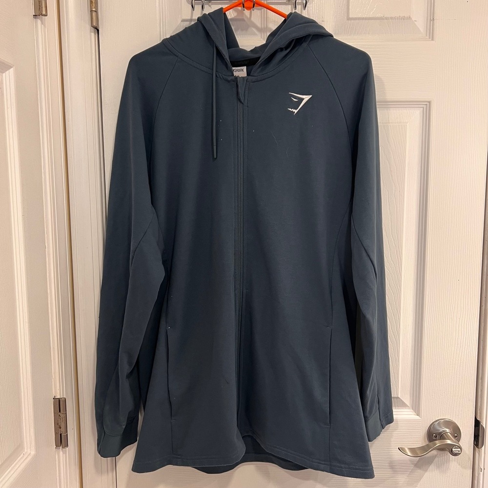 Gymshark Mens Full Zip Hoodie Raglan Sleeve Teal Blue Large Graphic Logo